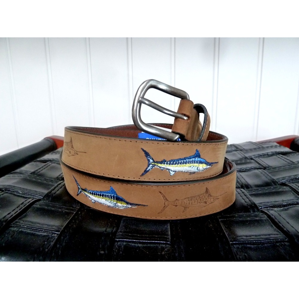 West Marine Men 44 Brown Leather Embroidered Marlin Belt Silver Buckle ZWMBRL3